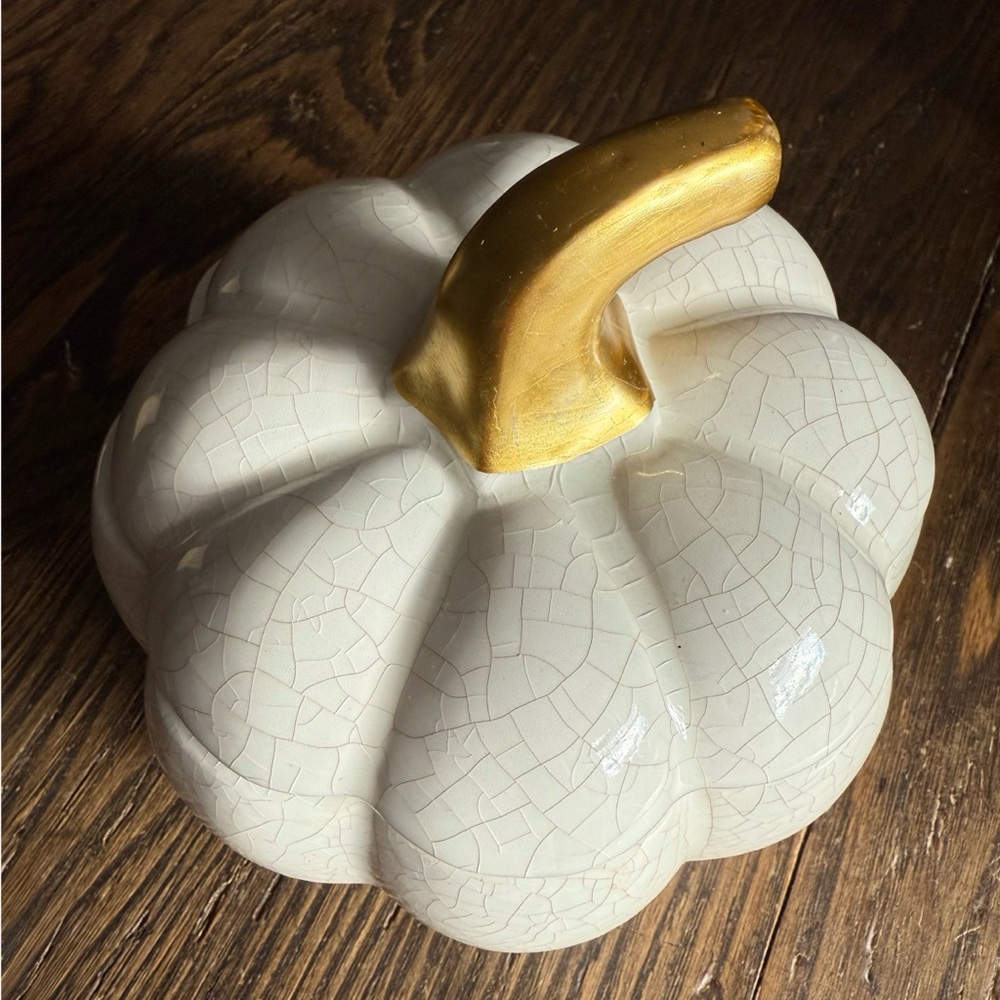 💐3/$12 Ceramic Pumpkin Planter Decor White Crackle Glaze Gold Stem